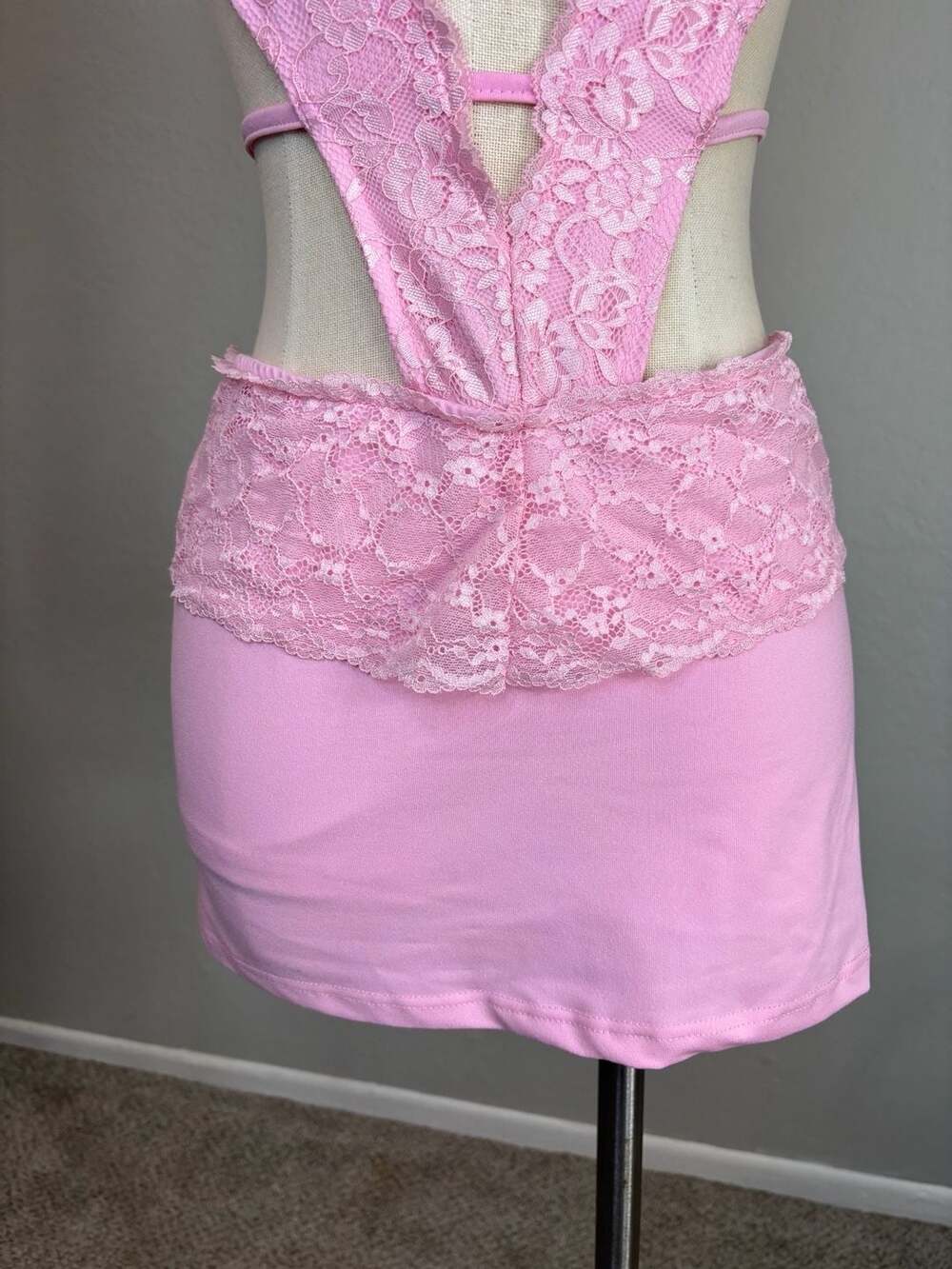 Pink Lace Halter Cut-Out Mini Dress with Rhinestone Detail - Picture 3 of 11